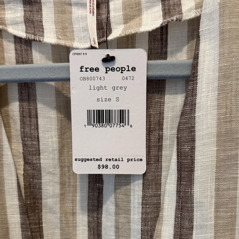 Free People Light Grey Striped Button-Front Midi Dress with Tie Waist – Size S‎